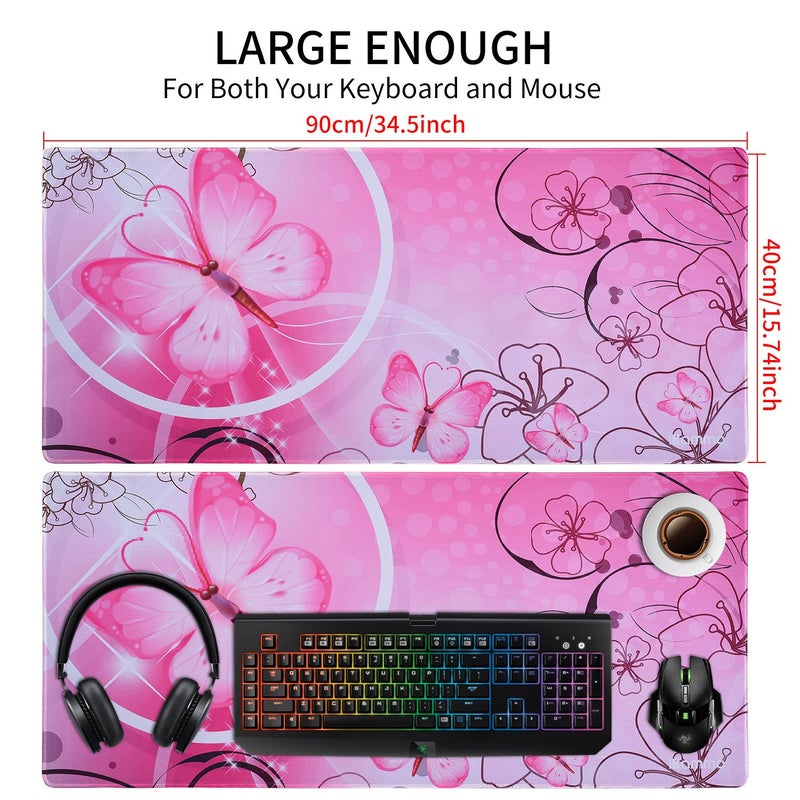 iKammo Large XXL Mat Gaming Mouse Pad Extended Full Desk Pad Pink Cute Mouse Pad with Waterproof Surface-Optimized Gaming Surface,Non-Slip Rubber Base Sticthed Edge Mousepad (35"x15.55"x0.08")-Pink Butterfly - Image 1